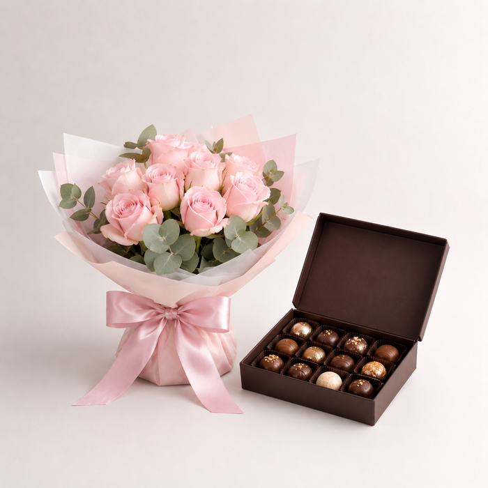 Soft Pink Rose Bouquet with Luxury Chocolates | Flower & Chocolate Delivery flowers and chocolates delivery in Denmark