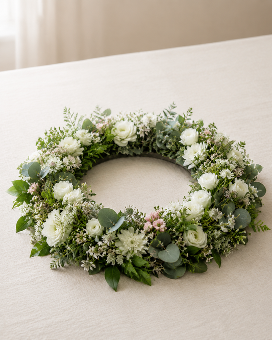 Airy wild meadow table arrangement with seasonal flowers