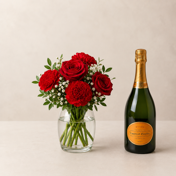 Luxury Red Rose & Carnation Bouquet with Champagne Gift | Premium Flower Delivery flowers and wine delivery in Denmark