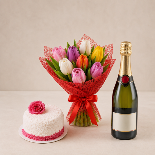 Mixed Tulip Bouquet with Sparkling Gift & Romantic Cake | Celebration Flower Delivery