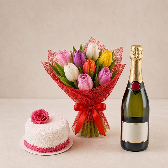 Mixed Tulip Bouquet with Sparkling Gift & Romantic Cake | Celebration Flower Delivery flowers and wine delivery in Denmark