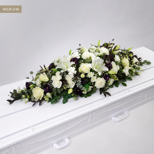 White & Purple Coffin Spray | Elegant Funeral Flowers