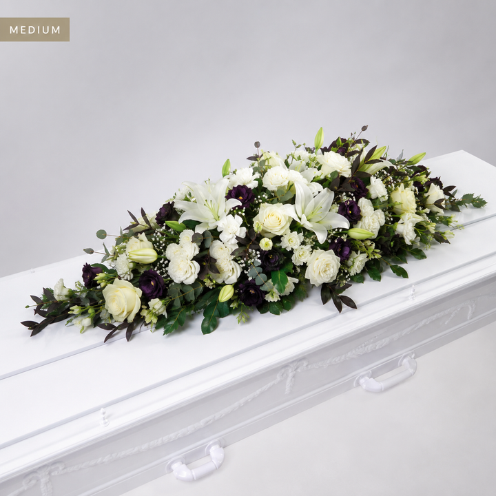 White & Purple Coffin Spray | Elegant Funeral Flowers coffin spray delivery in Denmark