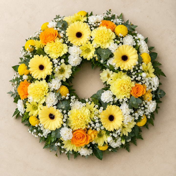 Yellow & White Funeral Wreath | Light Memorial Wreath Online funeral wreath delivery in Denmark
