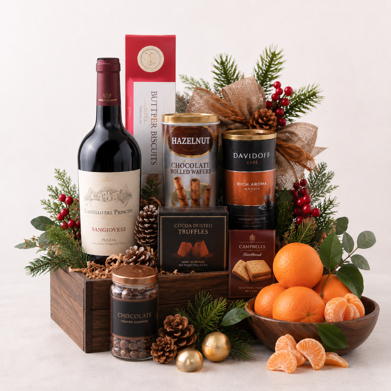 Winter Red Wine Gift Basket with Coffee, Chocolates & Citrus | Premium Gift Delivery