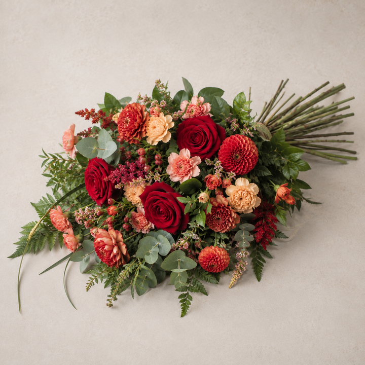 Red & Peach Funeral Sheaf | Warm Sympathy Flowers Online funeral bouquet delivery in Denmark