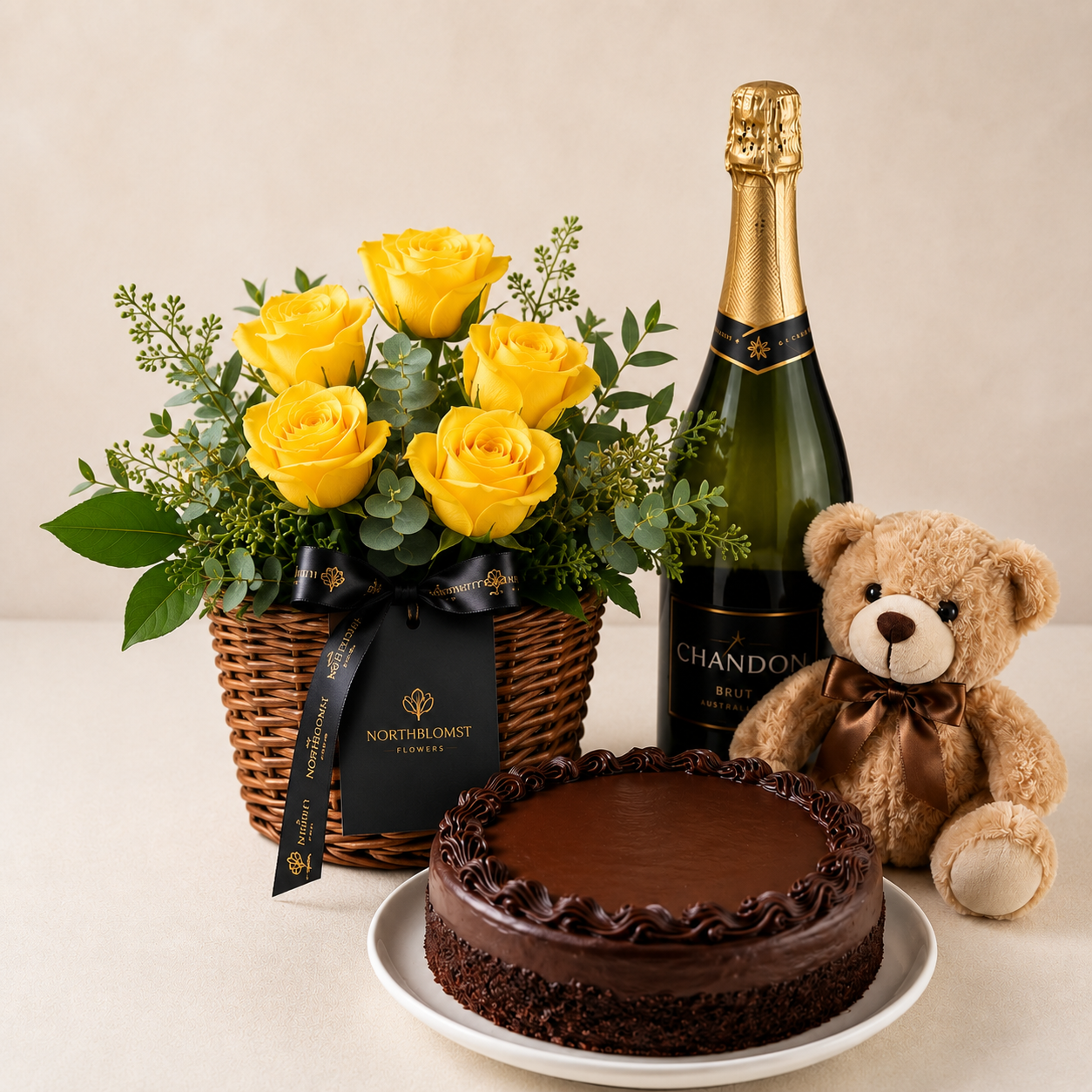 Luxury Yellow Rose Basket with Sparkling Gift, Chocolate Cake & Teddy Bear | Premium Gift Delivery