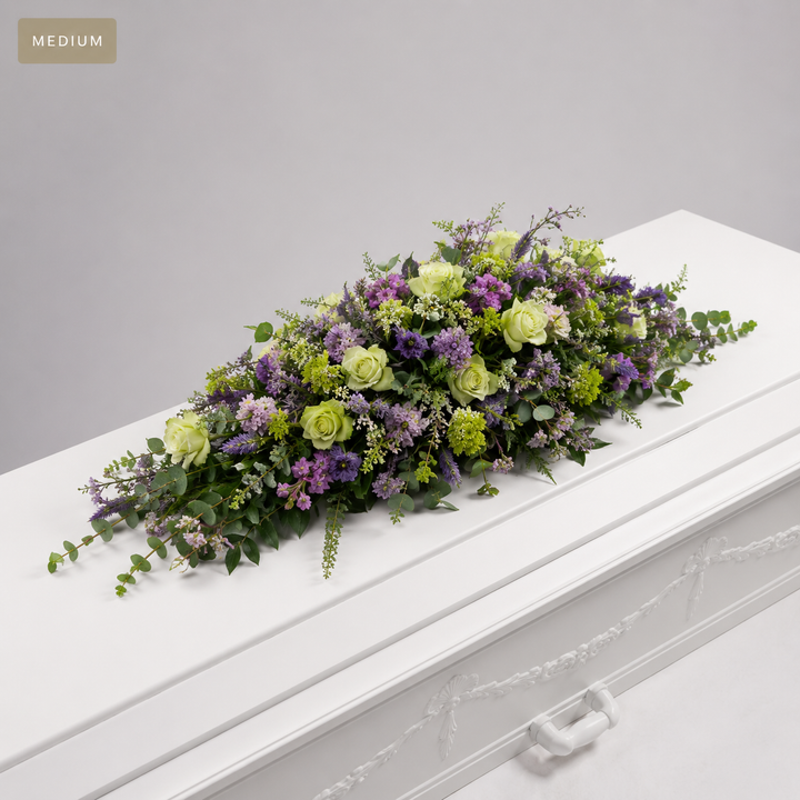 Green & Purple Coffin Spray | Elegant Funeral Flowers coffin spray delivery in Denmark
