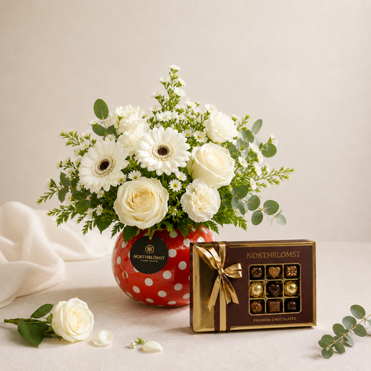 White Flower Vase Arrangement with Premium Chocolates | Elegant Gift Delivery