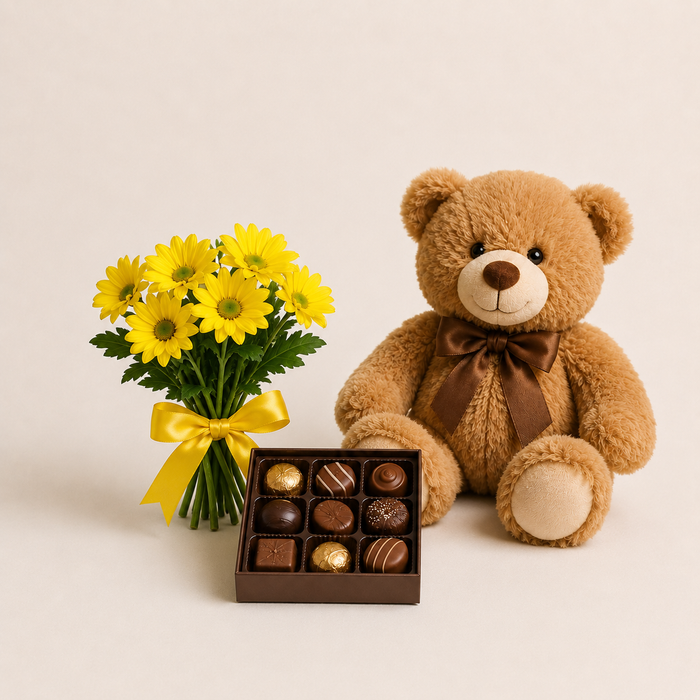 Yellow Daisy Bouquet with Teddy Bear & Chocolates | Flower Gift Delivery flowers and chocolates delivery in Denmark