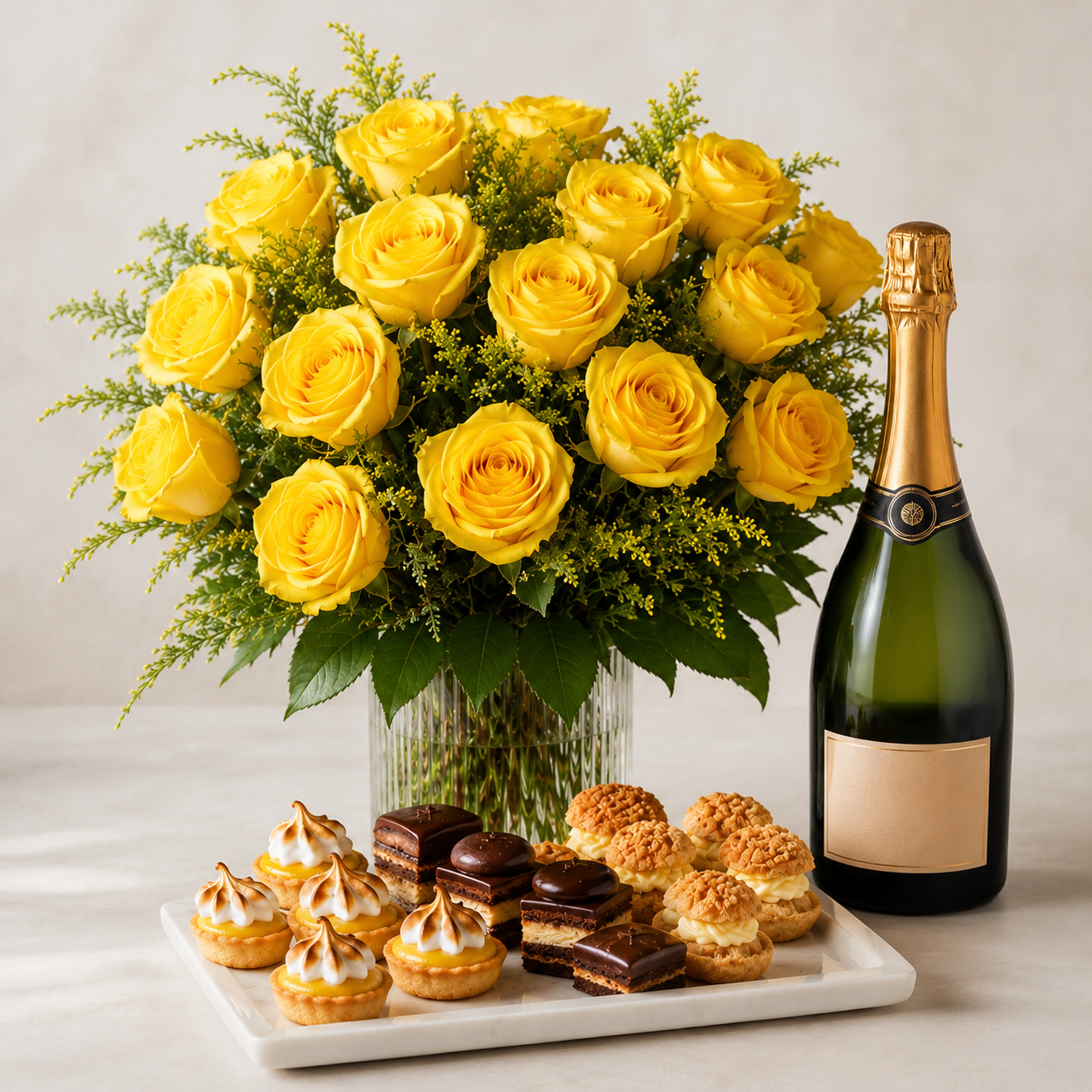 Luxury Yellow Rose Bouquet with Sparkling Gift & Pastries | Premium Celebration Delivery