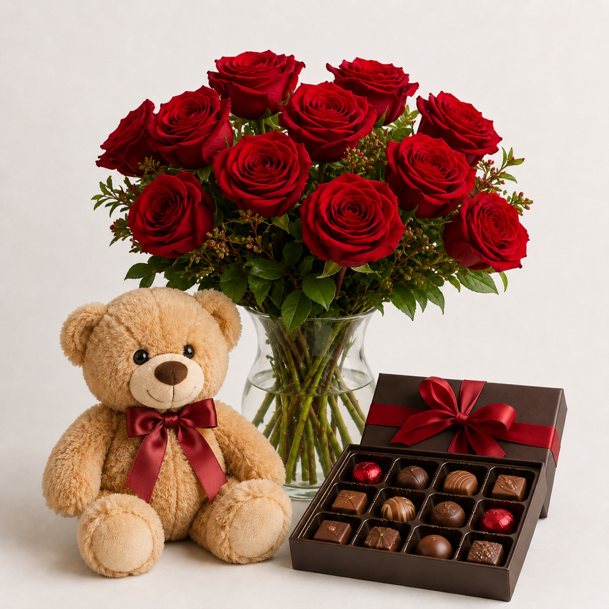 Red Rose Bouquet with Teddy Bear & Luxury Chocolates | Romantic Gift Delivery