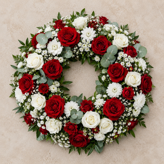 Red & White Rose Funeral Wreath | Sympathy Flowers Denmark
