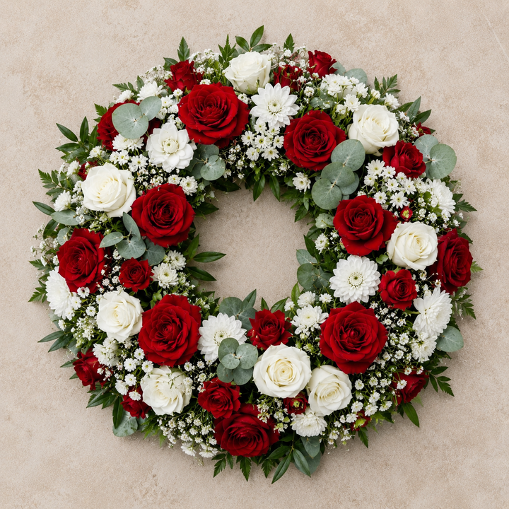Red & White Rose Funeral Wreath | Sympathy Flowers Online funeral wreath delivery in Denmark