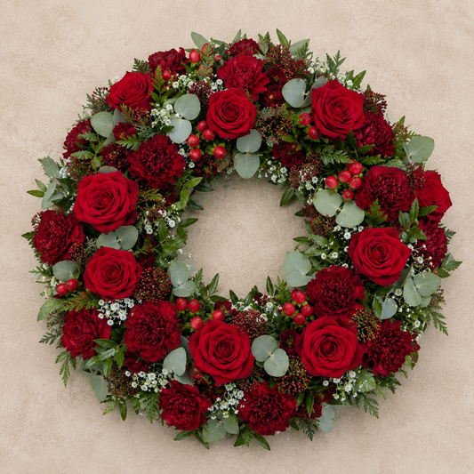 Deep Red Funeral Wreath | Elegant Condolence Wreath Denmark
