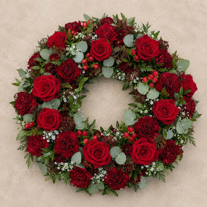 Deep Red Funeral Wreath | Elegant Condolence Wreath Online funeral wreath delivery in Denmark