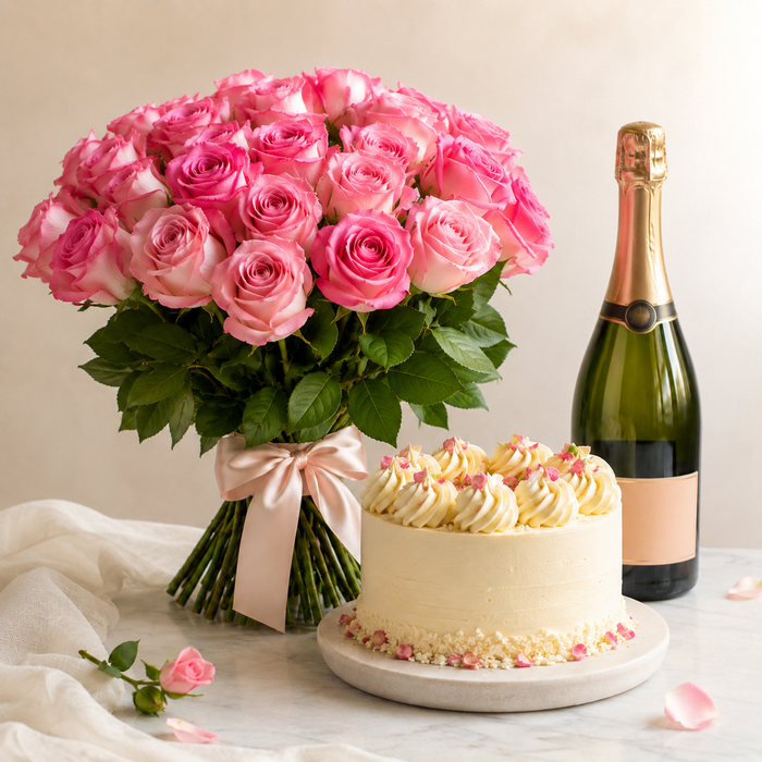 Luxury Pink Rose Bouquet with Sparkling Gift & Cream Cake | Premium Celebration Delivery flowers wine and cake delivery in Denmark