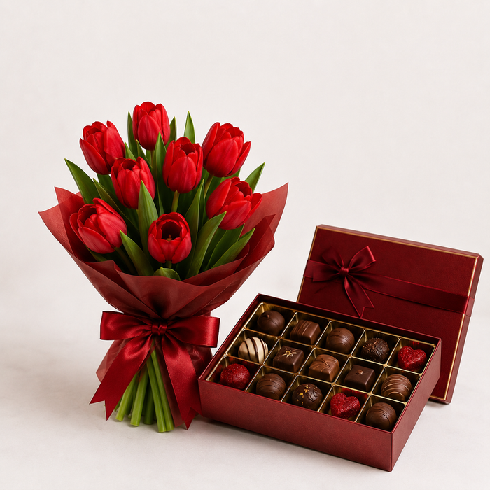 Red Tulip Bouquet with Luxury Chocolates | Flower & Chocolate Delivery flowers and chocolates delivery in Denmark