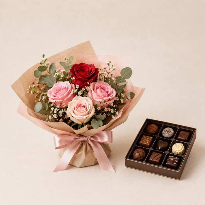 Red & Pink Rose Bouquet with Luxury Chocolates | Romantic Flower Delivery flowers and chocolates delivery in Denmark