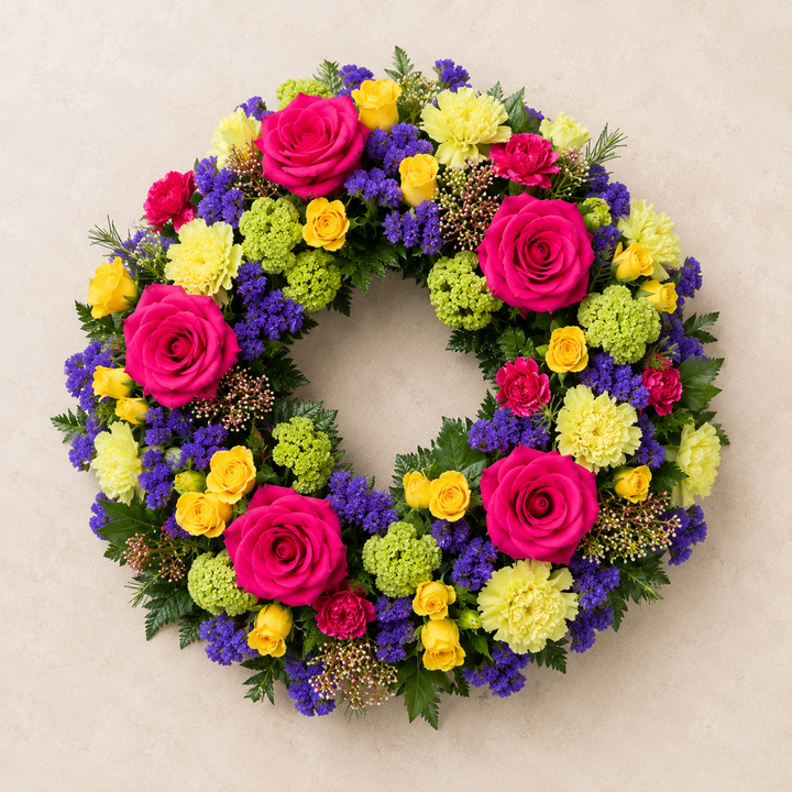 Bright Rose Funeral Wreath | Colourful Funeral Flowers Online funeral wreath delivery in Denmark