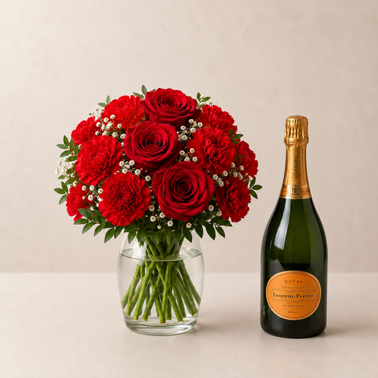 Luxury Red Rose & Carnation Bouquet with Champagne Gift | Premium Flower Delivery