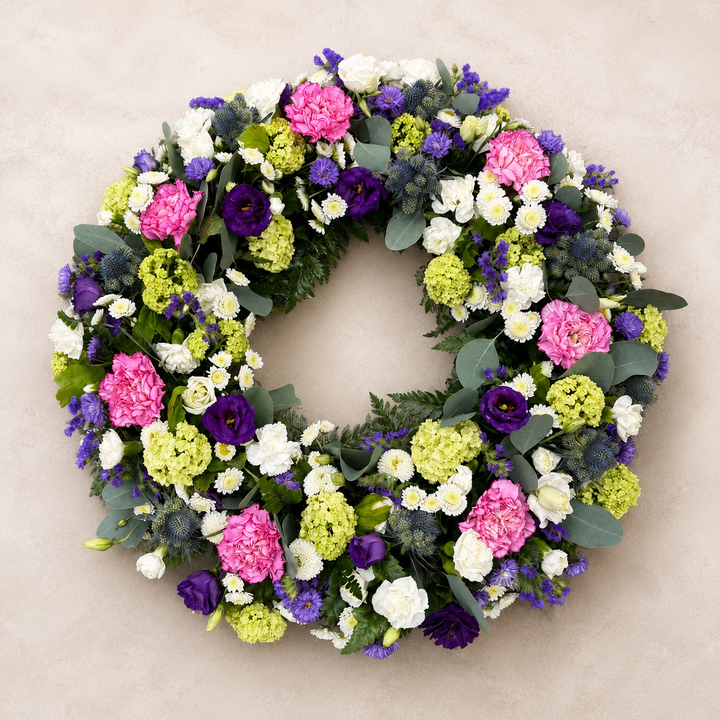 Purple & Pink Funeral Wreath | Colourful Sympathy Wreath Online funeral wreath delivery in Denmark