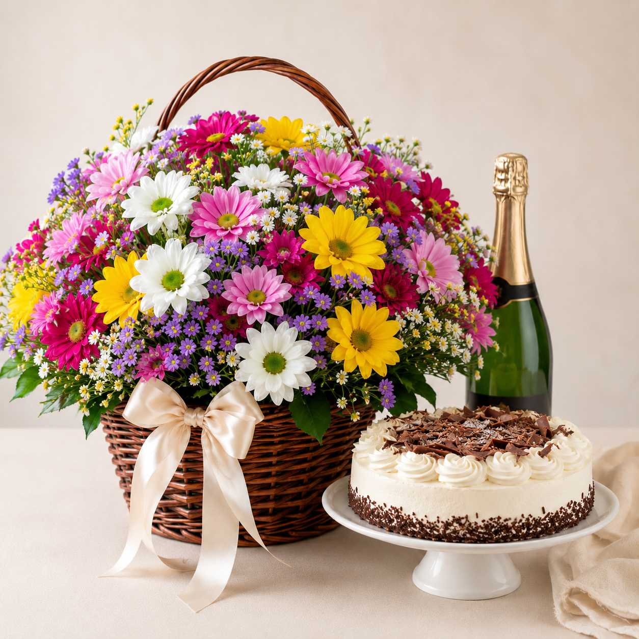 Colourful Daisy Basket with Sparkling Gift & Cake | Celebration Flower Delivery