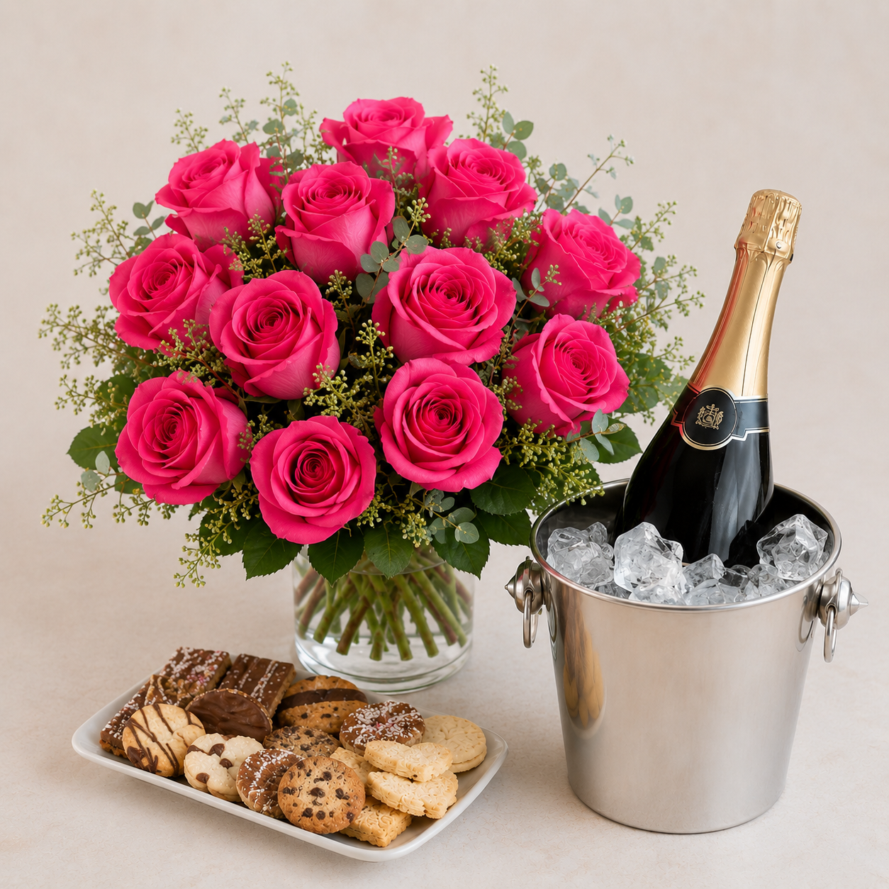 Pink Rose Bouquet with Sparkling Gift & Biscuits | Elegant Celebration Delivery