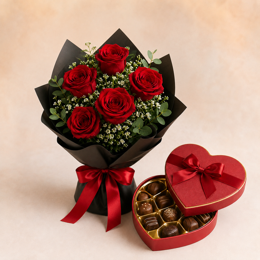 Red Rose Bouquet with Heart Chocolate Box | Romantic Flower Delivery