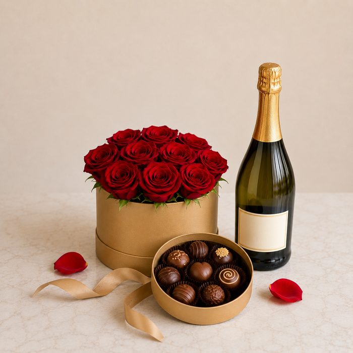 Luxury Red Rose Flower Box with Sparkling Gift & Chocolates | Premium Gift Delivery flowers wine and cake delivery in Denmark