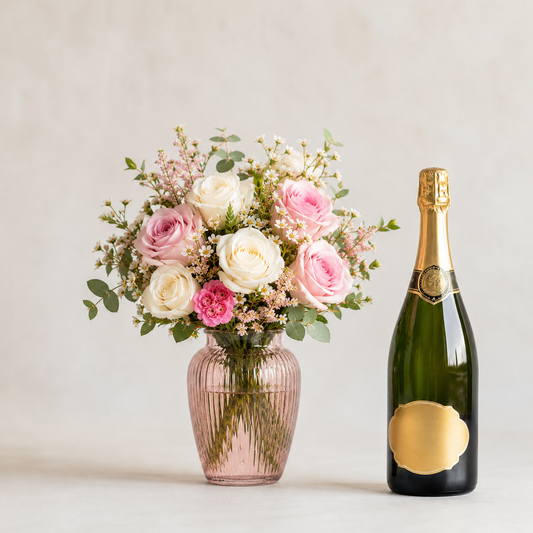 Luxury White & Pink Rose Bouquet with Champagne Gift | Premium Flower Delivery