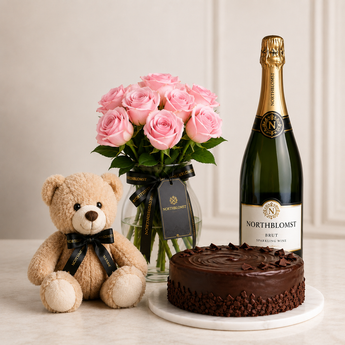 Luxury Pink Rose Bouquet with Sparkling Gift, Chocolate Cake & Teddy Bear | Premium Gift Delivery flowers wine and cake delivery in Denmark
