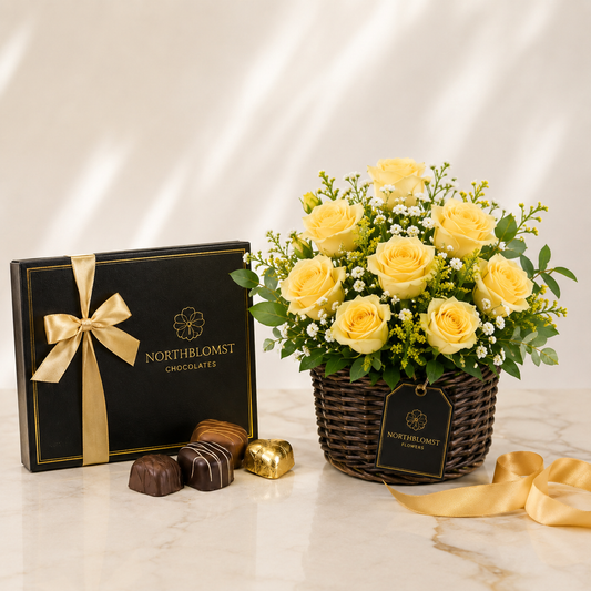 Yellow Rose Basket with Luxury Chocolates | Flower & Chocolate Delivery