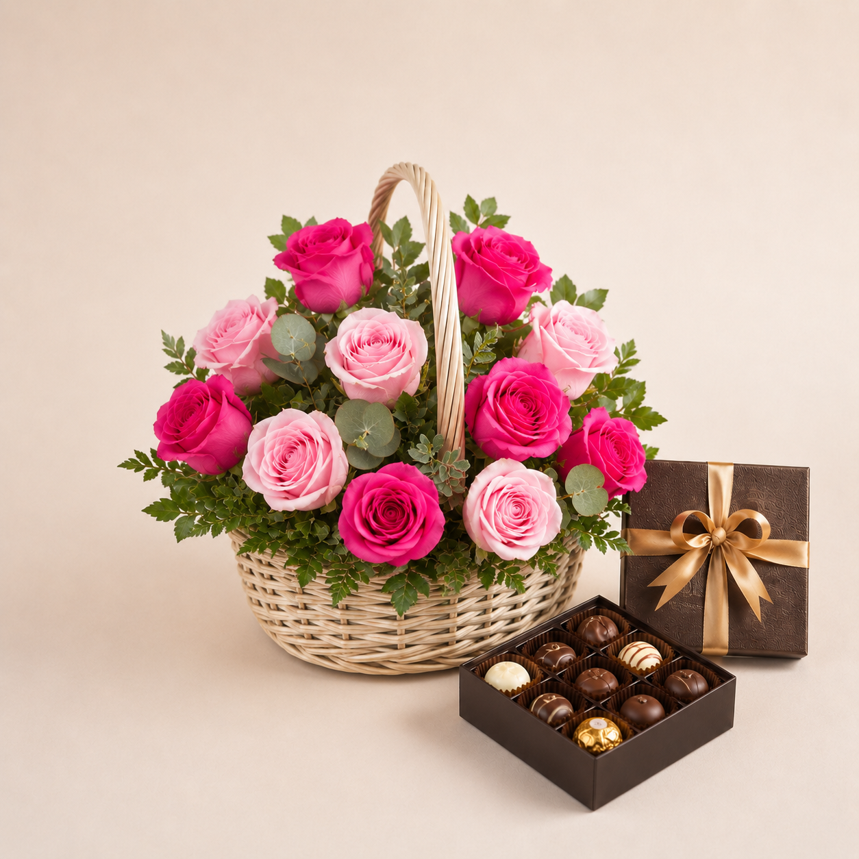 Pink Rose Basket with Luxury Chocolates | Flower & Chocolate Delivery