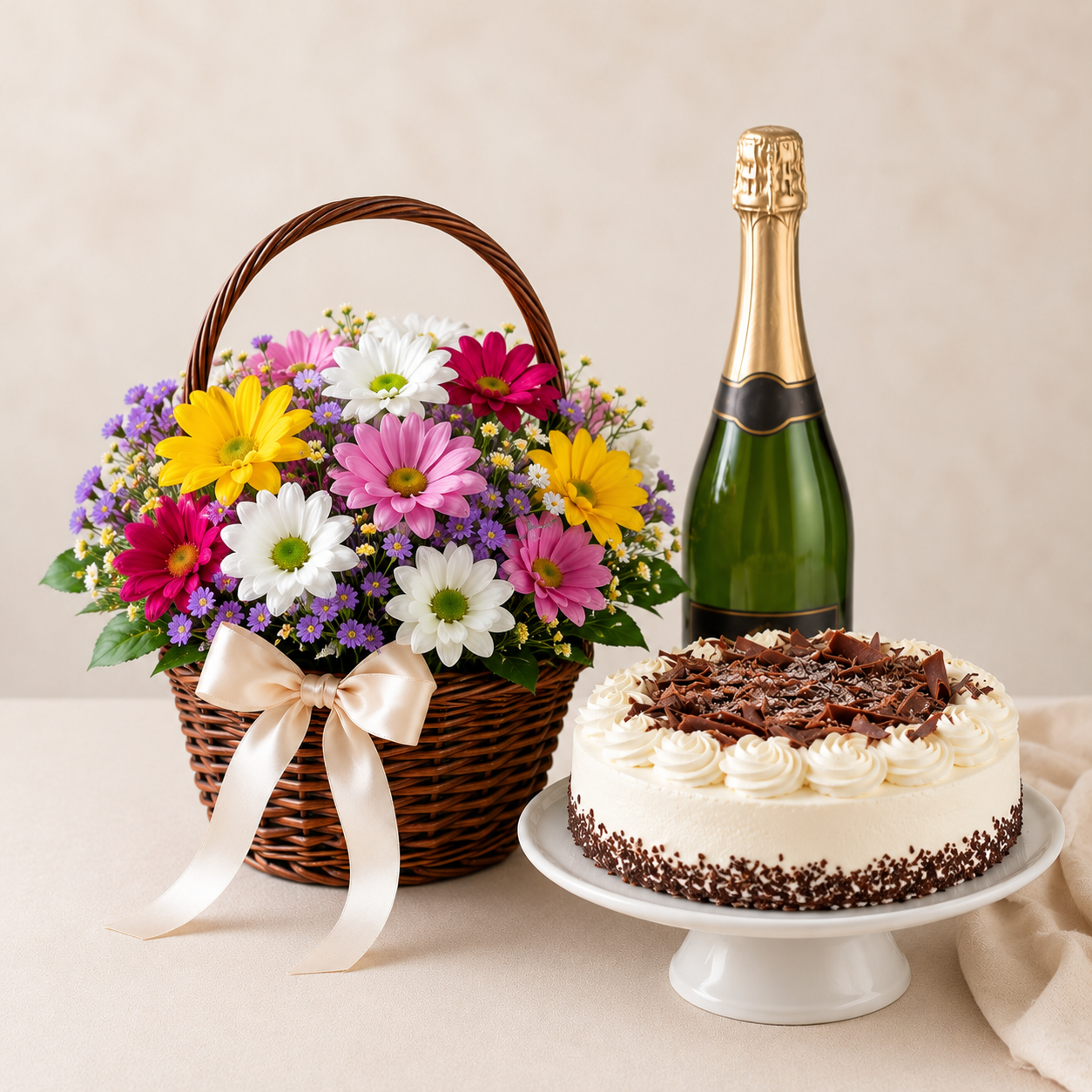 Colourful Daisy Basket with Sparkling Gift & Cake | Celebration Flower Delivery