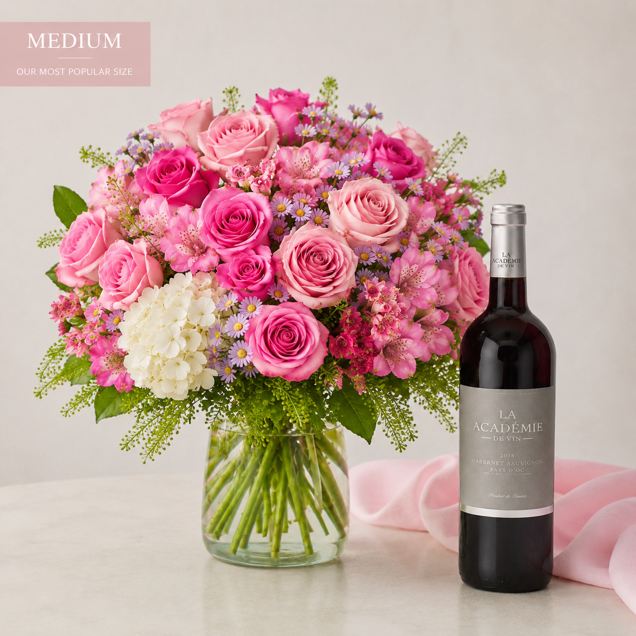 Luxury Pink Rose Bouquet with Red Wine | Premium Flower & Wine Delivery