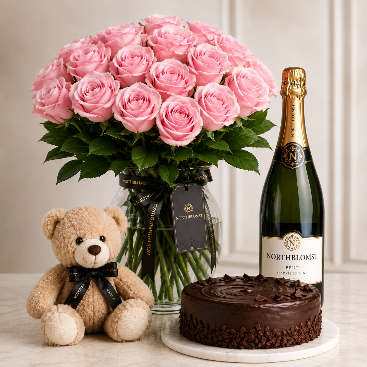 Luxury Pink Rose Bouquet with Sparkling Gift, Chocolate Cake & Teddy Bear | Premium Gift Delivery