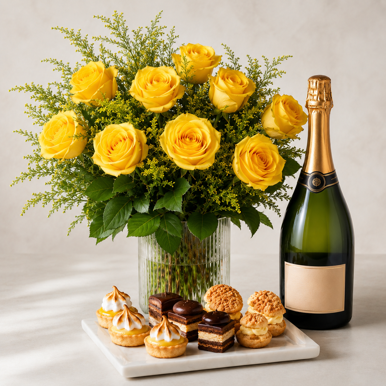 Luxury Yellow Rose Bouquet with Sparkling Gift & Pastries | Premium Celebration Delivery