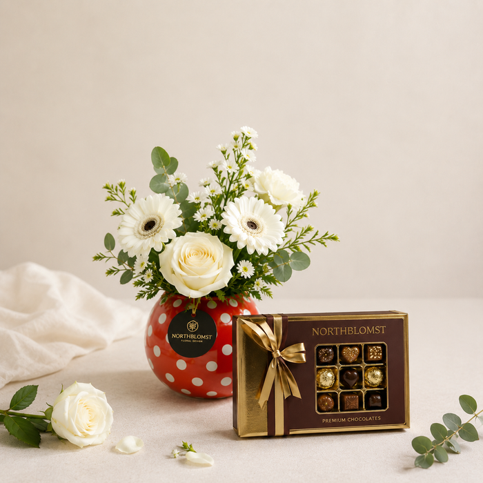 White Flower Vase Arrangement with Premium Chocolates | Elegant Gift Delivery flowers and chocolates delivery in Denmark