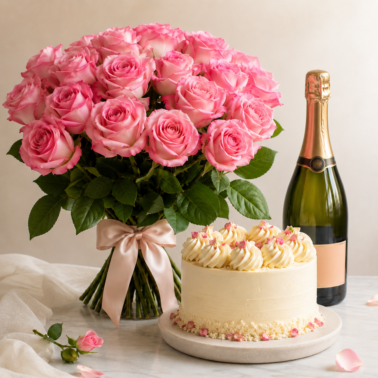 Luxury Pink Rose Bouquet with Sparkling Gift & Cream Cake | Premium Celebration Delivery