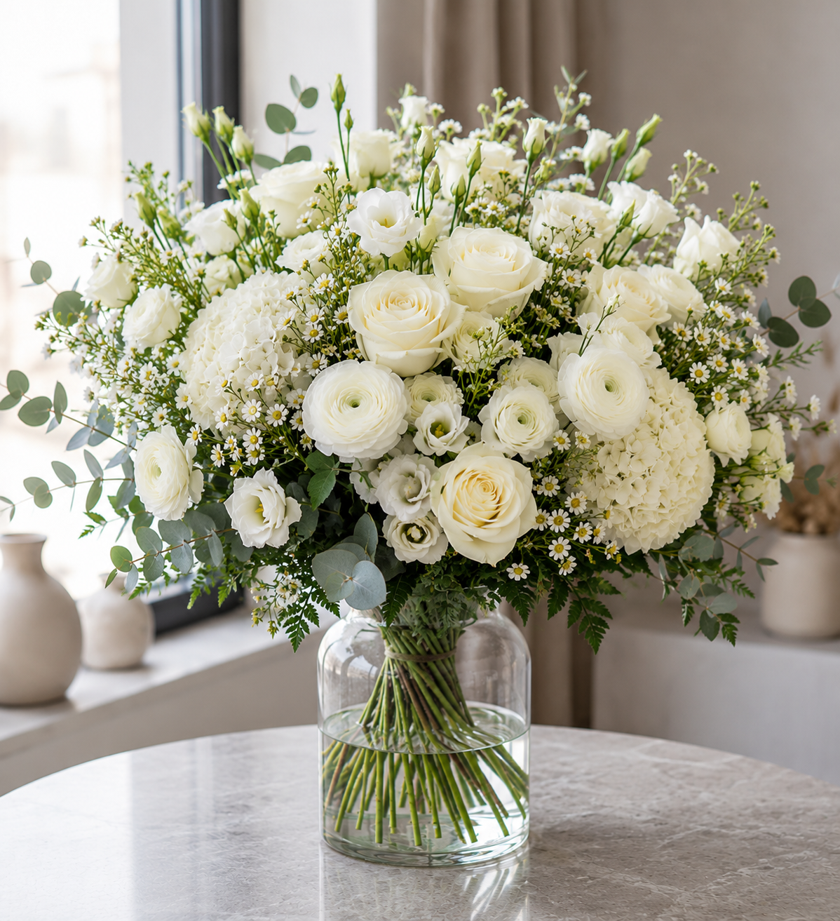 Hvid & cremefarvet buket | Send elegante blomster i Danmark