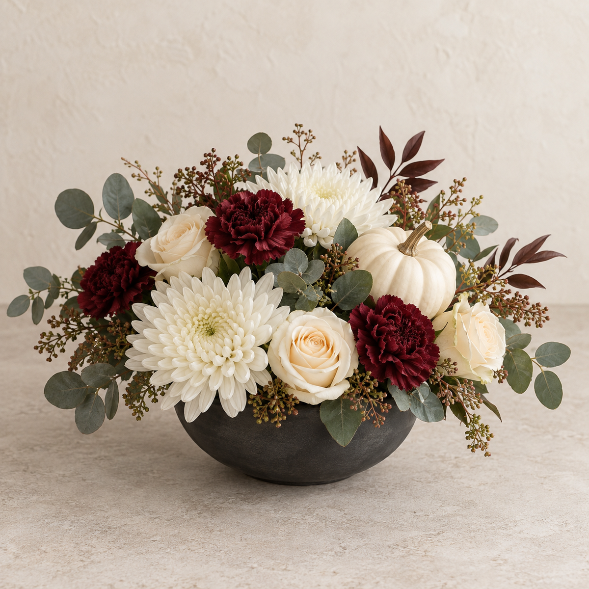 AI-generated inspirational design: Moonlight Table | White & Burgundy Halloween Arrangement