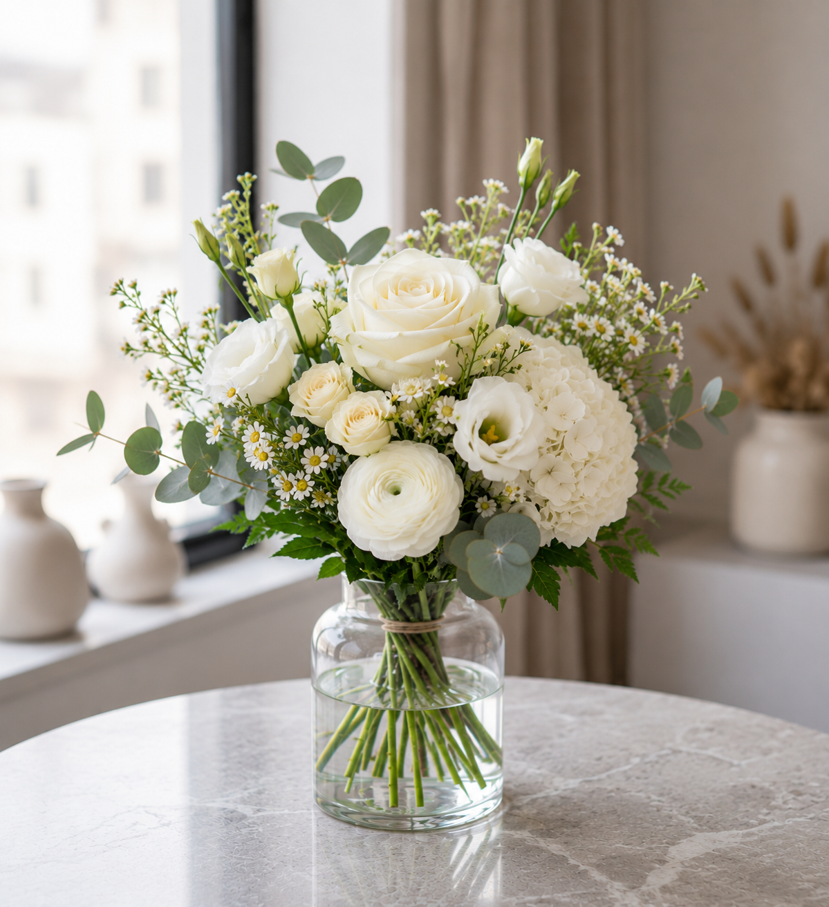 Hvid & cremefarvet buket | Send elegante blomster i Danmark